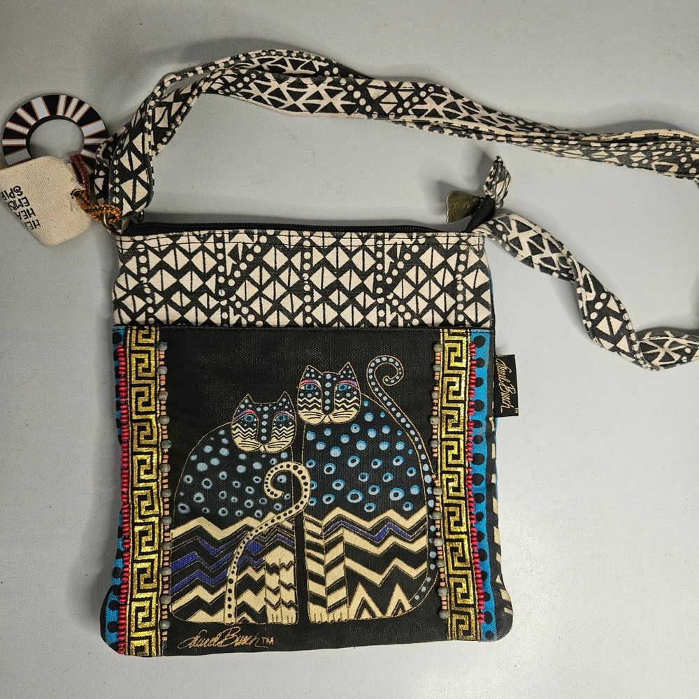 Laurel Burch Indigo Cats Crossbody Bag Black Canvas Beaded Artistic Purse 9x10